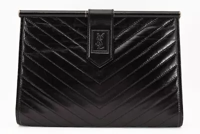 Yves Saint Laurent [Rank A] V-stitch Clutch Bag Vintage Black YSL Leather Auth • $518.56