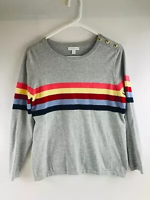 Charter Club Sweater Women's Size Large Gray Shoulder Button Striped Pullover • $14.29