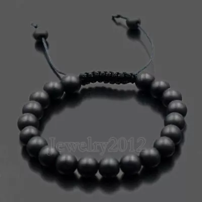 Mens Black Onyx Polished Natural Healing Stone Bead Adjustable Bracelet 8mm Wide • $7.43