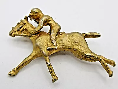 Vtg SIGNED ? OLD Big RACE HORSE MAN JOCKEY Brooch Pin BRUSHED TEXTURED Gold Tone • $11.55