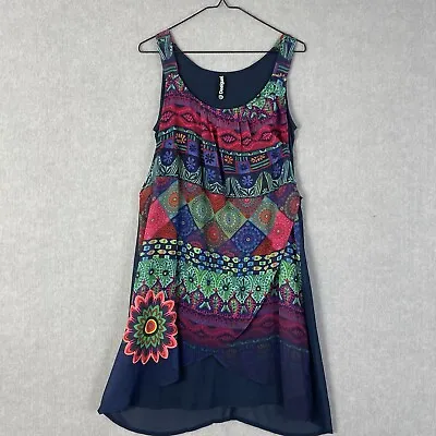 Desigual Womens Dress Size 44 Large Multicolour Boho Overlay Sheer Logo D53 • $39.99