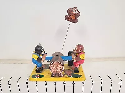 Vintage YONE Wind Up Log Cutter W Swinging Monkey Japan Tin Mechanical Lot #16 • $99