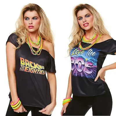 Ladies 80's T-Shirt Black Top Festival Fancy Dress Womens Outfit • £8.99