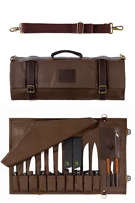 Chef’s Knife Roll Bag – Made Of Waxed Canvas And Genuine Top Grain Leather • $74.99