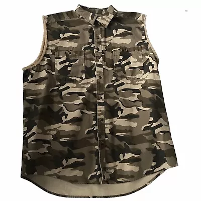 Mens Vest Camo XL Grunge Brown Cream Outdoor Workwear Shacket Fringe Gorpcore • $24.99