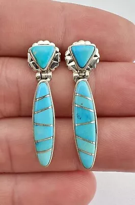 Vintage Navajo Sterling Silver Kingman Turquoise Flush Inlay Dangle Earrings • $69