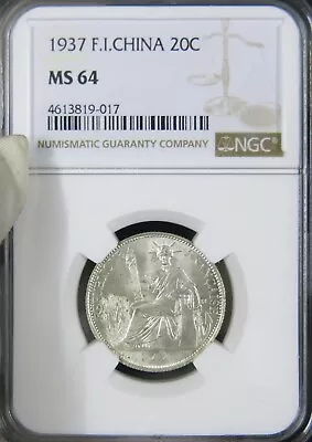 French Indochina 1937 20 Cents Silver Coin NGC MS 64 • $190