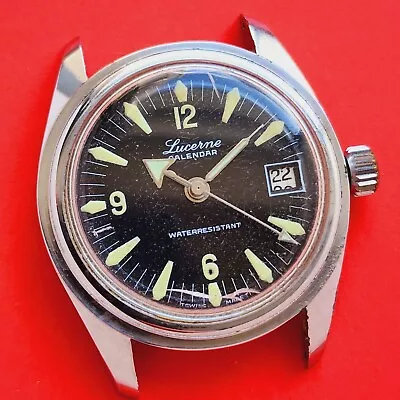 Lucerne Calendar Watch Vintage Black Dial Date Skin Diver Swiss For Parts Mens • $39