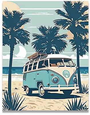 Blue VW Van Volkswagen Poster Vintage Beach Surf 11x14 Inches Unframed • $9.95