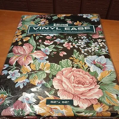 Vtg Town & Country Flowers Vinyl Tablecloth NIP 52x52“ Square 1992 Flannel Back • $17