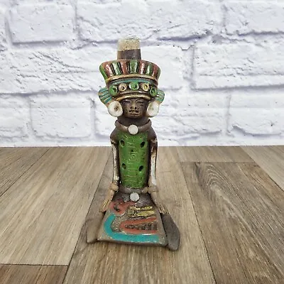 PRE COLUMBIAN STYLE MAYAN AZTEC INCA Clay Flute Whistle Figurine With Headdress • $40