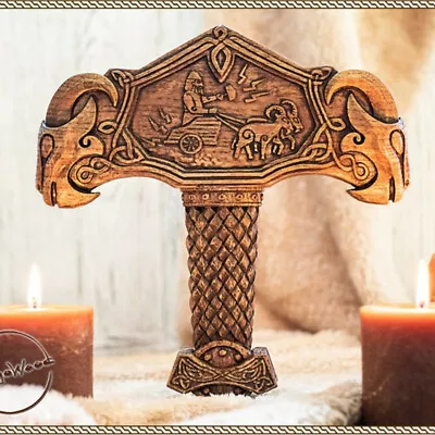 Thor's Hammer Viking God Mjolnir Plaque Norse Resin Home Decor Statue Altar Goat • £16.99
