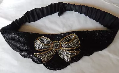 Beaded Belt Black/Gold/Silver  Satin Fabric W/Bow Sz M/L 28” To 32  Vintage • $19.99