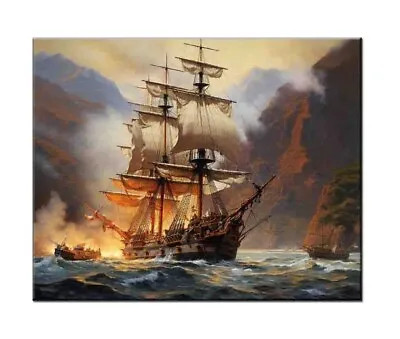 Naval Battle Scene Ship Big Sail Boat On Ocean Oil Painting-Dream Artwork Prints • £59.77