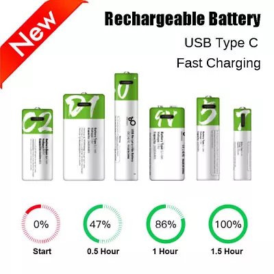 Rechargeable AAA/AA/9V/C2/D1 Batteries Ion Battery USB Type C Fast Charge Cable • $14.99