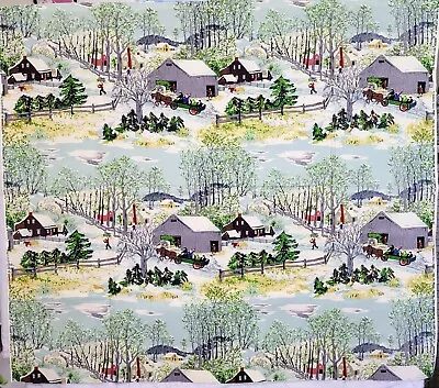 Vintage GRANDMA MOSES  EARLY SPRINGTIME ON THE FARM  Barkcloth Fabric 40x46  NEW • $89