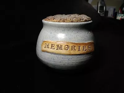 Round Glazed Pottery Canister Jug  Memories  W/Cork Lid Blue Beige Signed  • $25