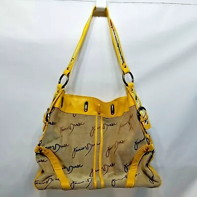 Junior Drake Embroidered Logo Leather Trim Handbag Purse Tan Yellow • $19.98