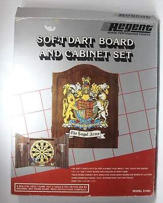 Vtg Regent Model 51982  The Royal Arms Soft Dart Board Wood Cabinet Extra Darts • $39.99