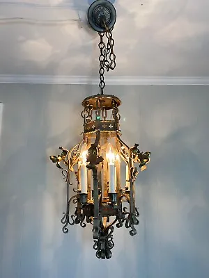 1920's Spanish Revival 6 Lights 25  Iron Art Deco Gothic Lamp Chandelier Pendant • $1250