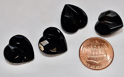 VINTAGE 4 GLASS BLACK HEART  BUTTONS 16mm • FACETED GROOVED CZECH * SELF SHANK • $3.99