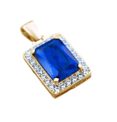 14K Yellow Gold Plated Mens Mini Sapphire Blue Square Gem Stone Pendant • $371.08