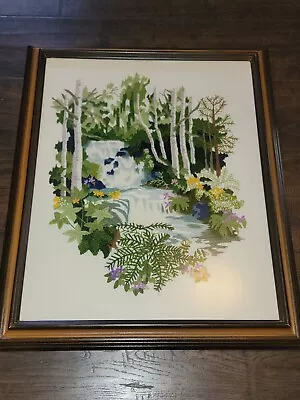 Vtg Yarn Crewel Embroidered Flowers Waterfall Forest Wall Art Picture Framed • $84.99