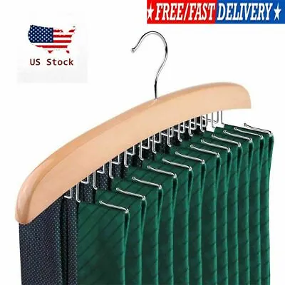 24 Tie Wooden Belt Hanger Belt Scarf Holder Closet Organizer Rack Hook Hanger US • $13.01