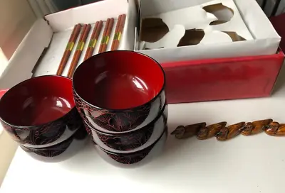 Set Of 5 Wooden Japanese Lacquer Urushi Bowls 5 Chopsticks And Chopsticks Rests • $43.55