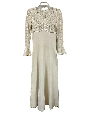 Vintage 60s Crochet Ivory Maxi Dress Picardo Knits S 70s Hippie Wedding • $79.95