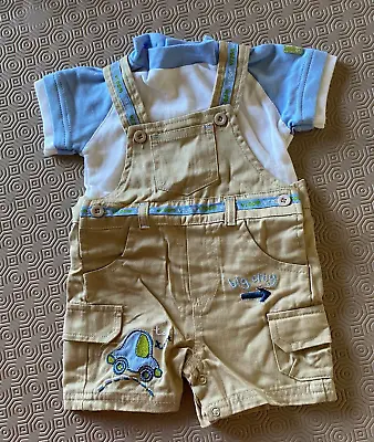 Babytime Baby Boys Short Cars Dungaree Outfit Age 3-6 Months New • £1