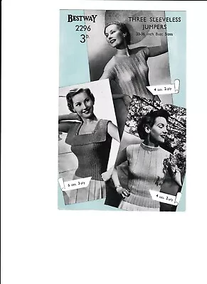 Vintage Knitting Pattern Womens Sweaters - 3 Sleeveless Style 2 &3 Ply 33-36  • £1.25