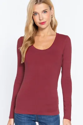 Women's Basic T-Shirt Scoop Neck Cotton Long Sleeve Solid Knit Plain Top Fitted • $7