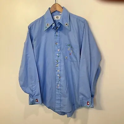 Vintage 70s Chambray Shirt Embroidered Chain Stitch Large • $31.45