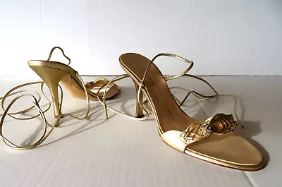 Giuseppe Zanotti Women Gold Satin Jewel Vintage Heels Pumps Sandals Mules 37.5B • $198