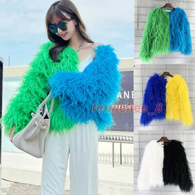 Women Splicing Faux Mongolian Lamb Fur Coat Long Hair Jacket Warm Shaggy Outwear • $53.82