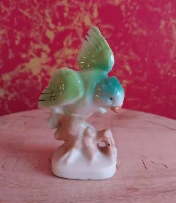 Vintage 2 Inch Hand Painted Porcelain Green Parrot Bird Made In Japan Figurine • $18