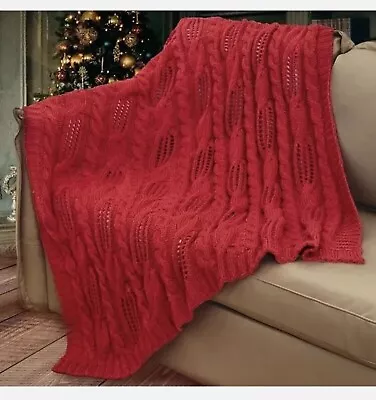 Throw Blankets Cable Knit For Sofa Couch Wool Blend Soft Cozy 127x152cm Red • £23