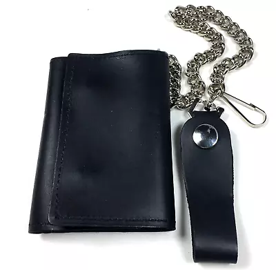 Vtg Men's Biker Punk Trifold Wallet With Chain Black Leather Hidden Snaps Key • $29