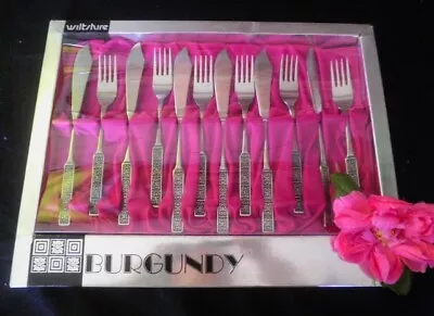 Retro Wiltshire Burgundy Fish Cutlery Set Knives Forks 12pc Stainless Steel Vgc • $49.99
