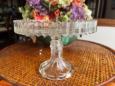 Cake Plate Stand/pedestal Vintage Heavy Pressed Clear Glass Pie Crust Rim 10 In • $95