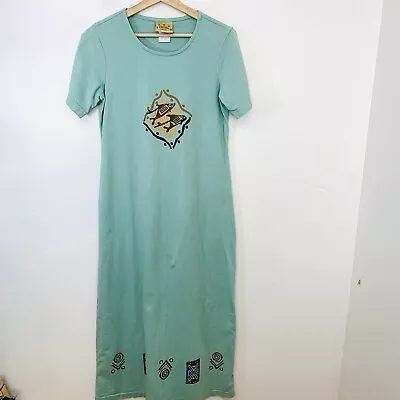 Vintage Blue Cactus Maxi Dress Small Fish Graphic Cotton Green USA Small Flaw • $24.99