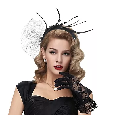 Black Fascinators Headband Veil Feather Elegant Church Small Top Hats For Women • $13.99