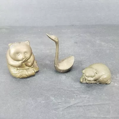 Vintage Brass Figurines Lot Of 3 Small Home Decor Panda Swan Puppy With Baby • $25.59