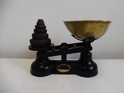 Vintage Antique Salter Staffordshire Cast Iron Weighing Scales & 8 Brass Weights • £12.99