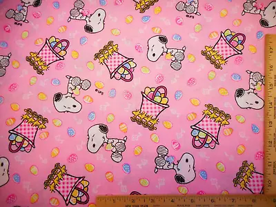 Vintage Peanuts Fabric By 1/2 Yard Snoopy Easter Basket Woodstock On Pink Cotton • $7.99