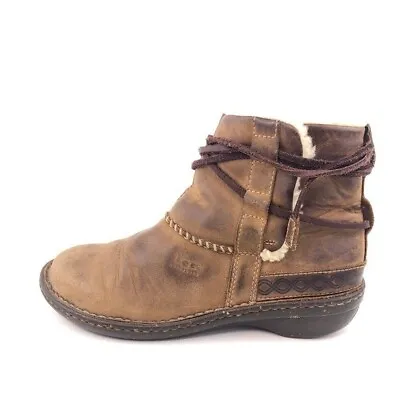 UGG Cove Winter Ankle Boots Womens Size 8 EUR 39 Brown Leather Wraparound Lace • $65
