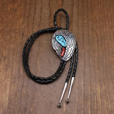 Vintage Sterling Silver Coral Turquoise Bolo Tie By Navajo Thomas Nez • $540