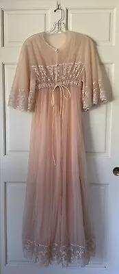 VTG Intime Sheer Double Chiffon Pink Peignoir Robe Nightgown Full Sweep LACE S • $32