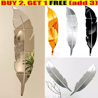 Feather Mirror Tiles Wall Stickers Self Adhesive.Decor Stick-On Art Home Decals • £5.29